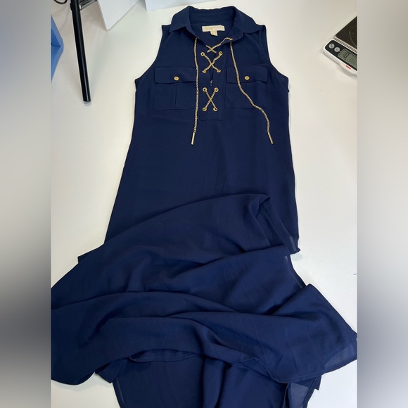 Micheal Kors Navy Sleeveless Maxi Dress With Chain Lace Up Neckline - Picture 5 of 16